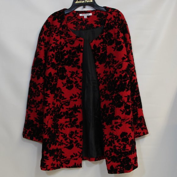 Northstyle Women’s Red Wool with Black Velvet Floral Pattern Jacket - Picture 3 of 7
